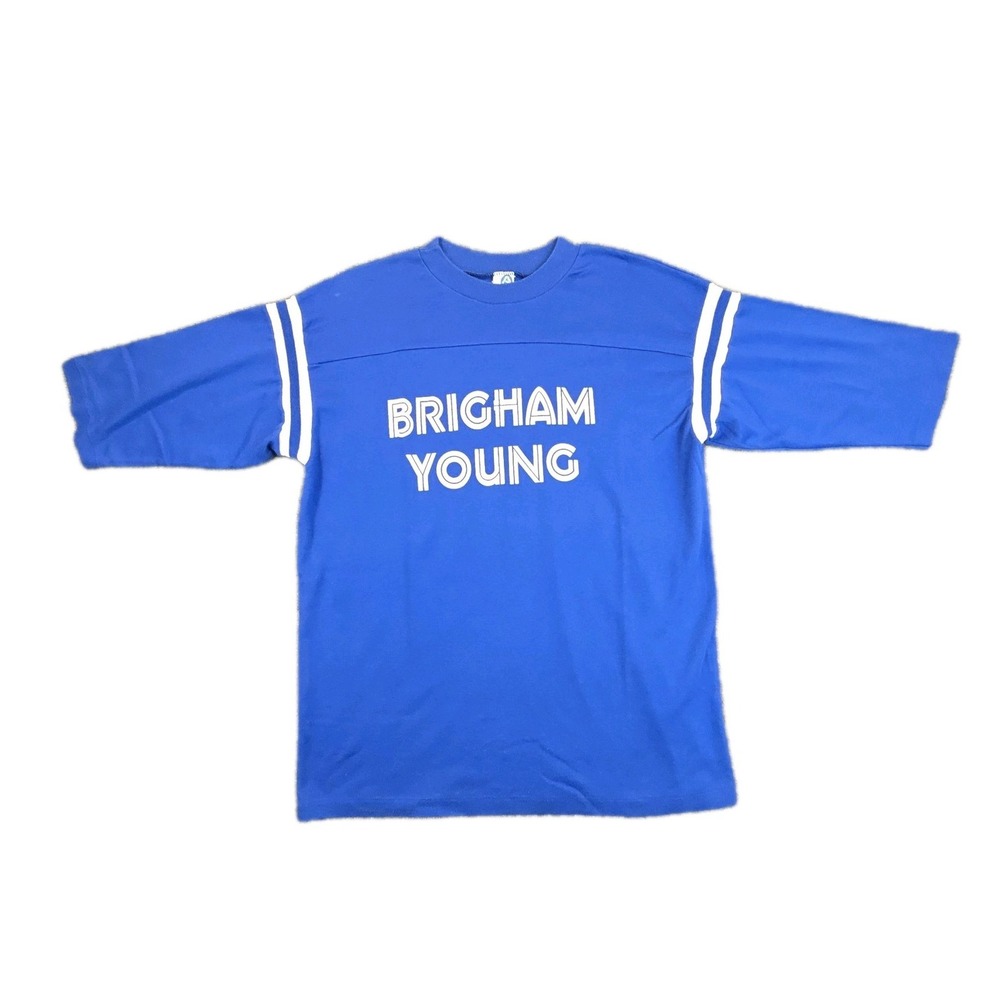 Vintage 70s Brigham Young University T-Shirt Artex USA Made Blue White Ringer L
